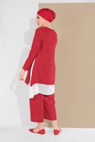 Tesettür giyim KIRMIZI PAMUKLU TÜL DETAYLI PANTOLONLU TAKIM  6866