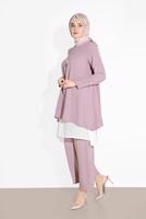 Tesettür giyim MOR PAMUKLU TÜL DETAYLI PANTOLONLU TAKIM  6866