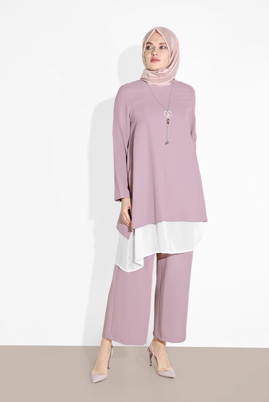 Tesettür giyim MOR PAMUKLU TÜL DETAYLI PANTOLONLU TAKIM  6866
