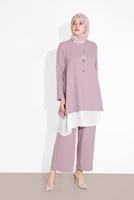 Tesettür giyim MOR PAMUKLU TÜL DETAYLI PANTOLONLU TAKIM  6866