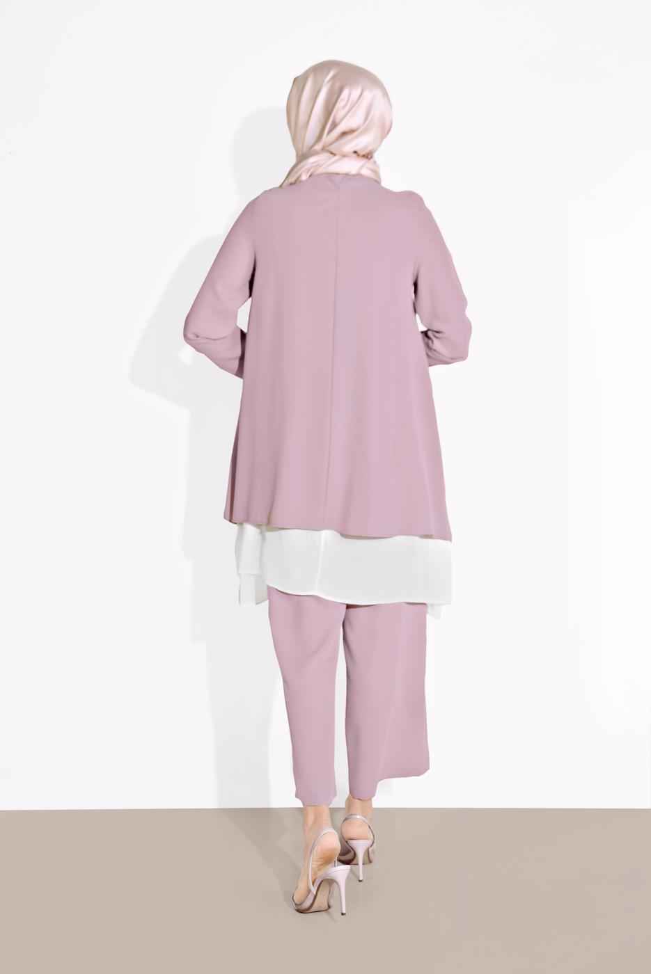 Tesettür giyim MOR PAMUKLU TÜL DETAYLI PANTOLONLU TAKIM  6866