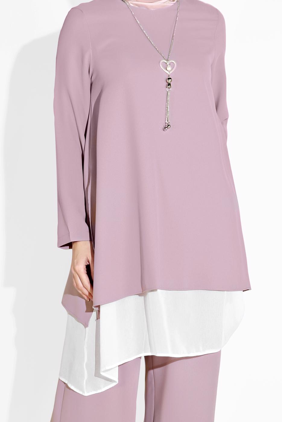 Tesettür giyim MOR PAMUKLU TÜL DETAYLI PANTOLONLU TAKIM  6866