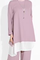 Tesettür giyim MOR PAMUKLU TÜL DETAYLI PANTOLONLU TAKIM  6866