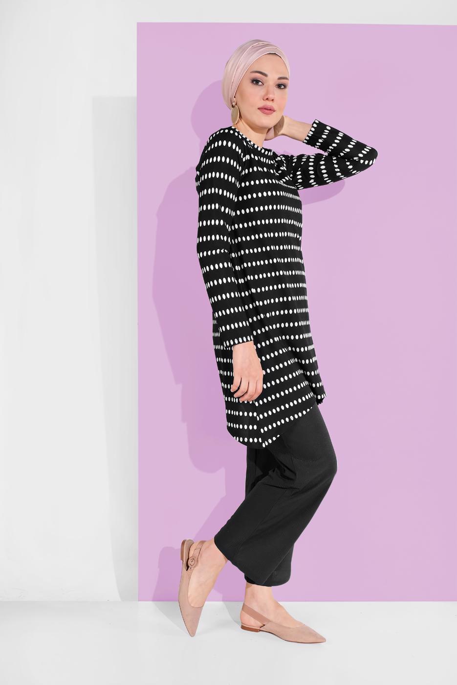 Tesettür giyim SİYAH PUANTİYELİ LİKRALI 2&prime;Lİ PANTOLONLU TAKIM 7116