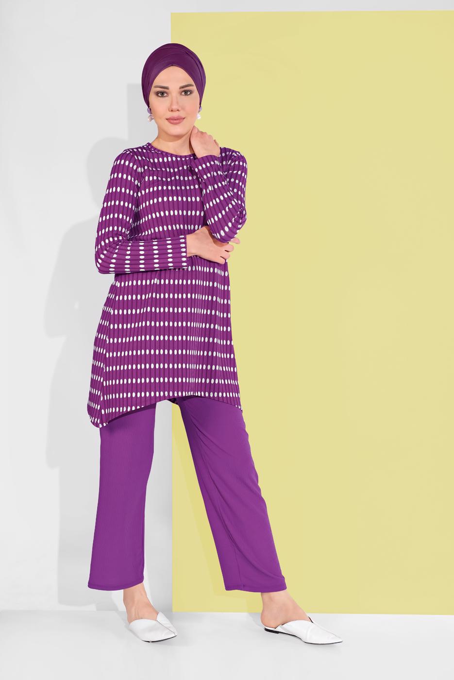 Tesettür giyim MOR PUANTİYELİ LİKRALI 2&prime;Lİ PANTOLONLU TAKIM 7116