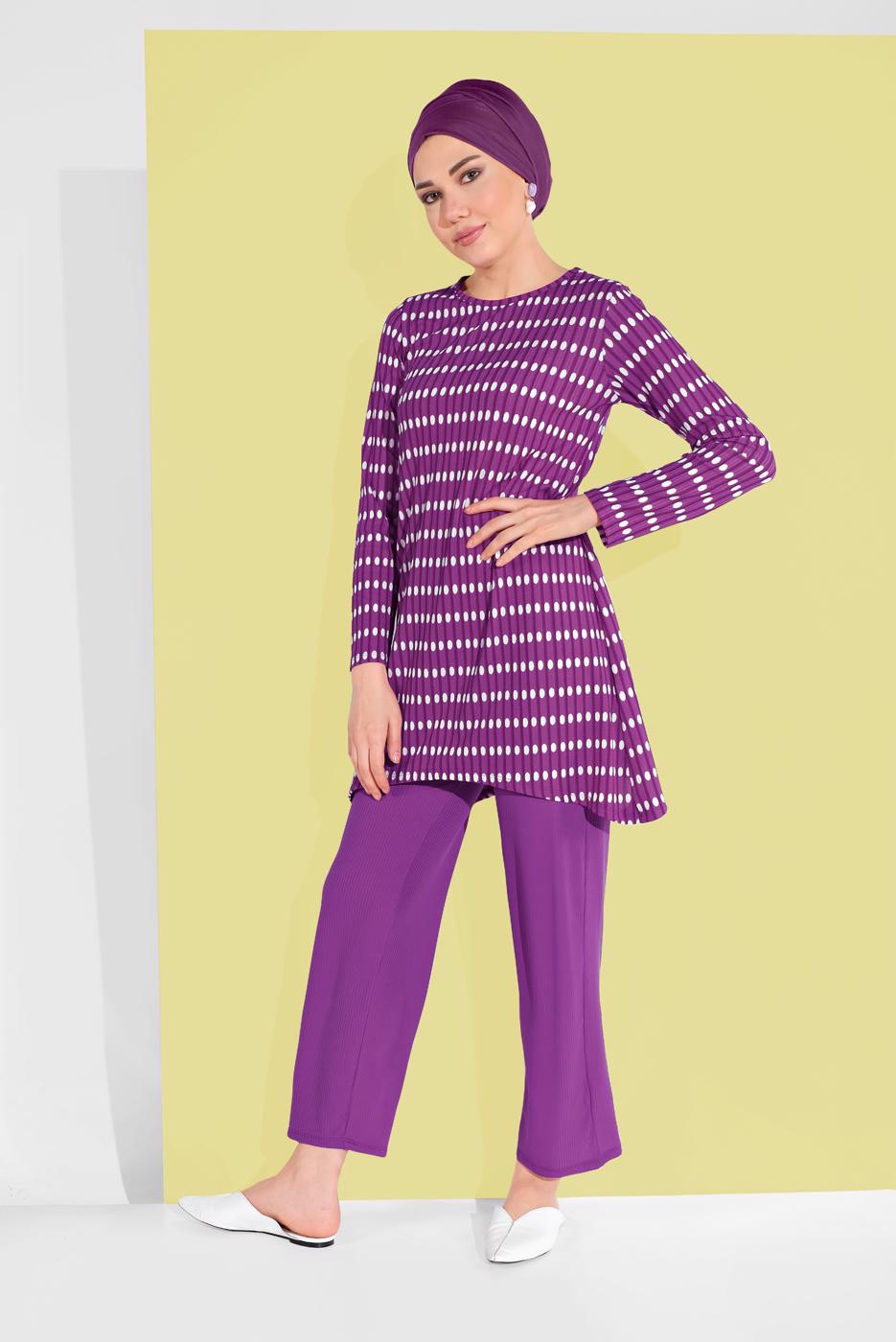 Tesettür giyim MOR PUANTİYELİ LİKRALI 2&prime;Lİ PANTOLONLU TAKIM 7116
