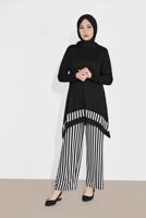 Tesettür giyim SİYAH ÇİZGİLİ ASİMETRİK KESİM PANTOLONLU TAKIM  7416 