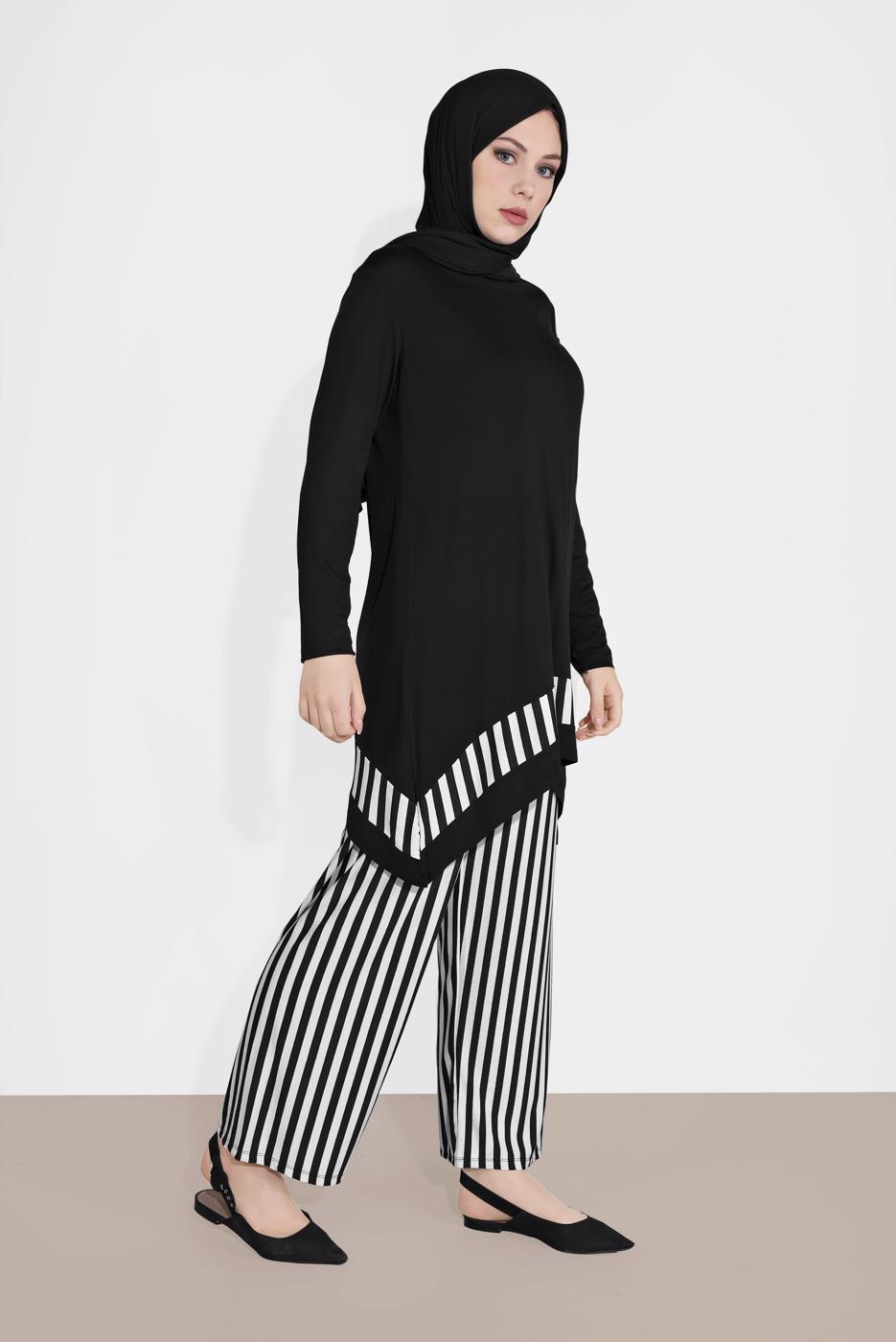 Tesettür giyim SİYAH ÇİZGİLİ ASİMETRİK KESİM PANTOLONLU TAKIM  7416 