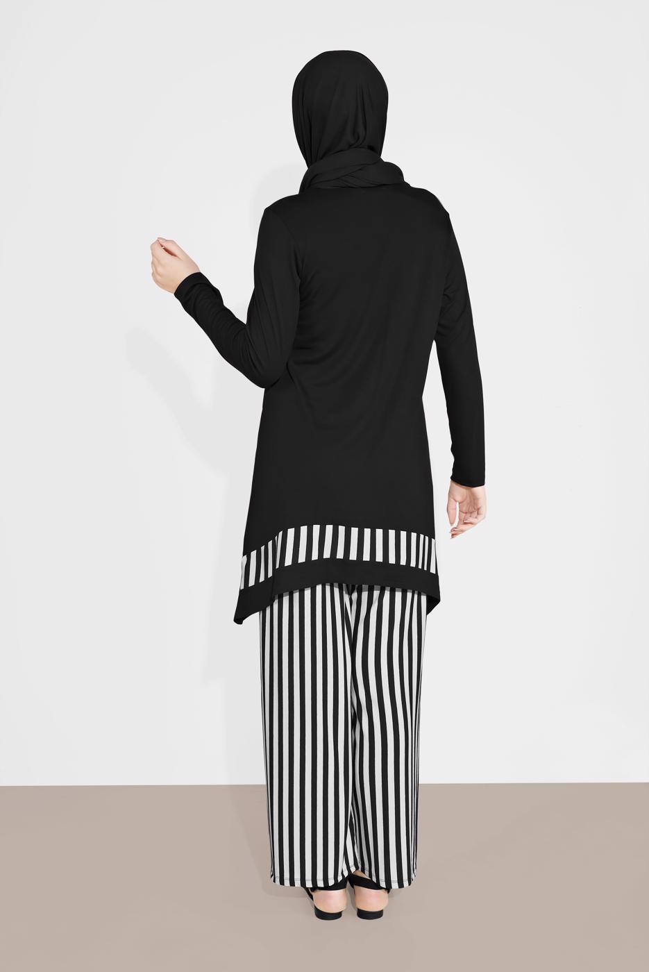 Tesettür giyim SİYAH ÇİZGİLİ ASİMETRİK KESİM PANTOLONLU TAKIM  7416 