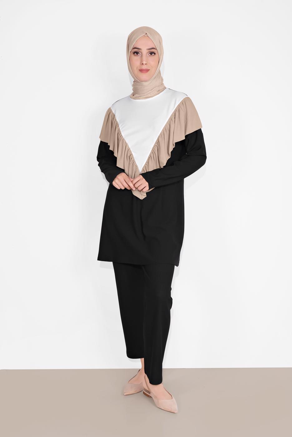 Tesettür giyim SİYAH ÜÇ RENKLİ FIRFIR DETAYLI İKİLİ PANTOLONLU TAKIM 7716