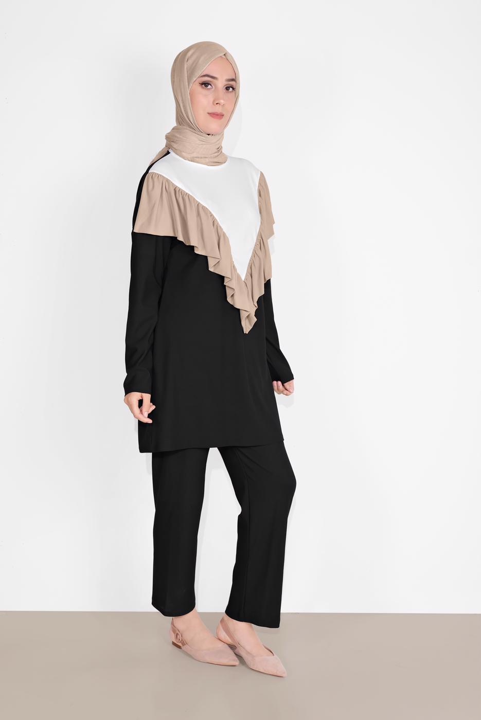 Tesettür giyim SİYAH ÜÇ RENKLİ FIRFIR DETAYLI İKİLİ PANTOLONLU TAKIM 7716