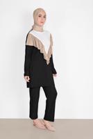 Tesettür giyim SİYAH ÜÇ RENKLİ FIRFIR DETAYLI İKİLİ PANTOLONLU TAKIM 7716