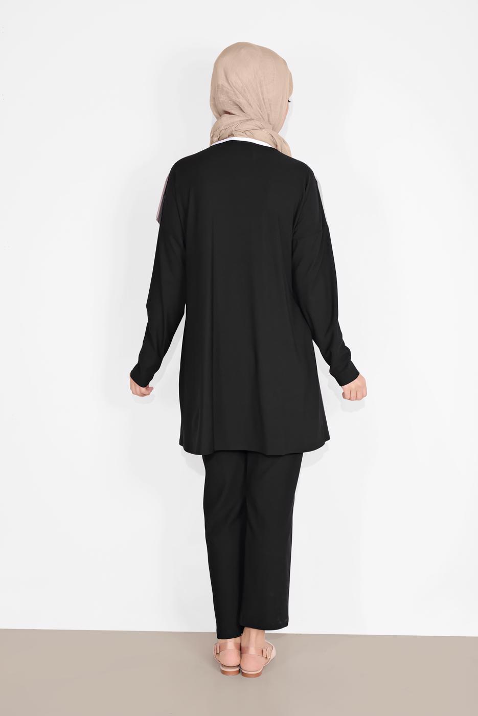 Tesettür giyim SİYAH ÜÇ RENKLİ FIRFIR DETAYLI İKİLİ PANTOLONLU TAKIM 7716