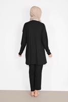 Tesettür giyim SİYAH ÜÇ RENKLİ FIRFIR DETAYLI İKİLİ PANTOLONLU TAKIM 7716