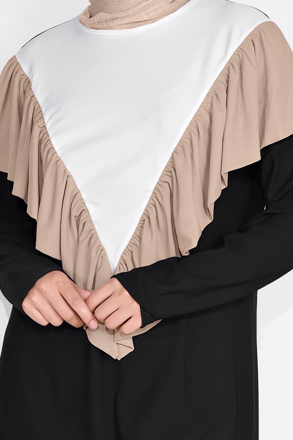 Tesettür giyim SİYAH ÜÇ RENKLİ FIRFIR DETAYLI İKİLİ PANTOLONLU TAKIM 7716