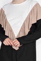 Tesettür giyim SİYAH ÜÇ RENKLİ FIRFIR DETAYLI İKİLİ PANTOLONLU TAKIM 7716