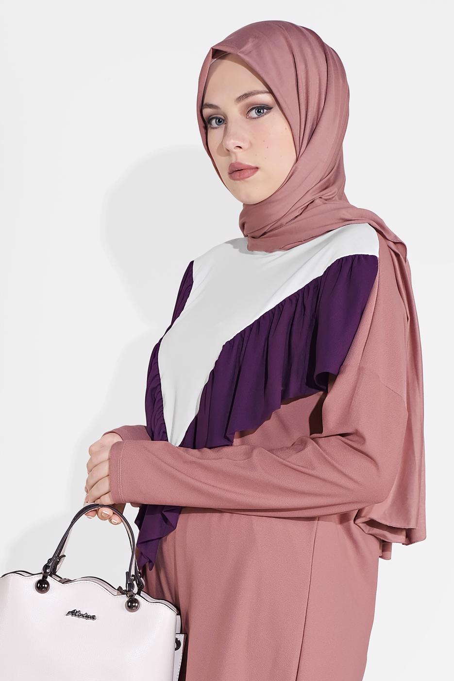 Tesettür giyim PEMBE ÜÇ RENKLİ FIRFIR DETAYLI İKİLİ PANTOLONLU TAKIM 7716