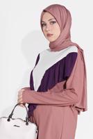 Tesettür giyim PEMBE ÜÇ RENKLİ FIRFIR DETAYLI İKİLİ PANTOLONLU TAKIM 7716