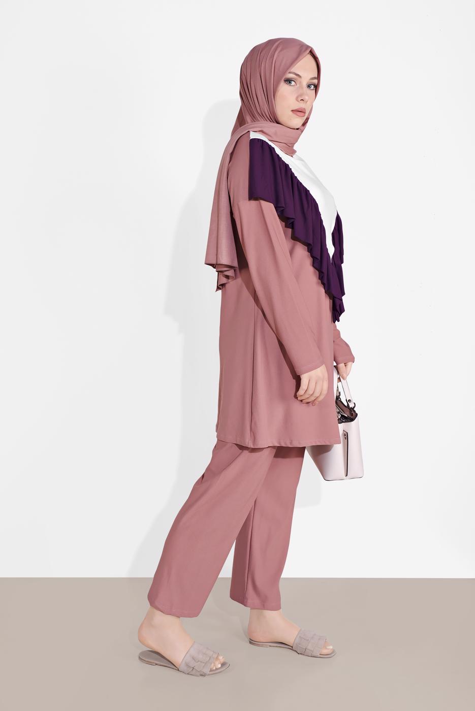 Tesettür giyim PEMBE ÜÇ RENKLİ FIRFIR DETAYLI İKİLİ PANTOLONLU TAKIM 7716