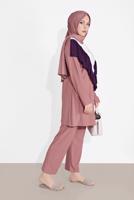Tesettür giyim PEMBE ÜÇ RENKLİ FIRFIR DETAYLI İKİLİ PANTOLONLU TAKIM 7716