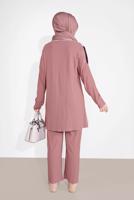 Tesettür giyim PEMBE ÜÇ RENKLİ FIRFIR DETAYLI İKİLİ PANTOLONLU TAKIM 7716