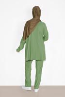 Tesettür giyim YEŞİL ÜÇ RENKLİ FIRFIR DETAYLI İKİLİ PANTOLONLU TAKIM 7716