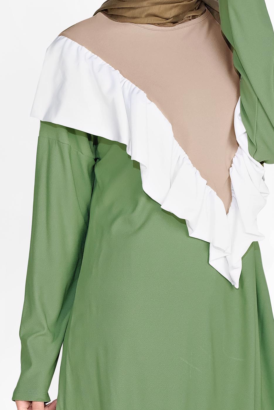 Tesettür giyim YEŞİL ÜÇ RENKLİ FIRFIR DETAYLI İKİLİ PANTOLONLU TAKIM 7716