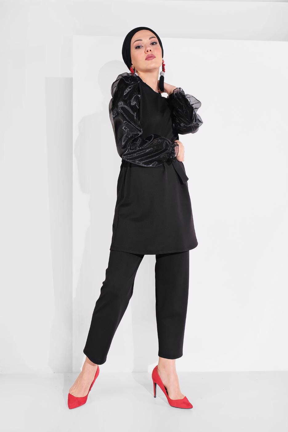 Tesettür giyim SİYAH KOLLARI TÜLLÜ PANTOLONLU TAKIM 8306