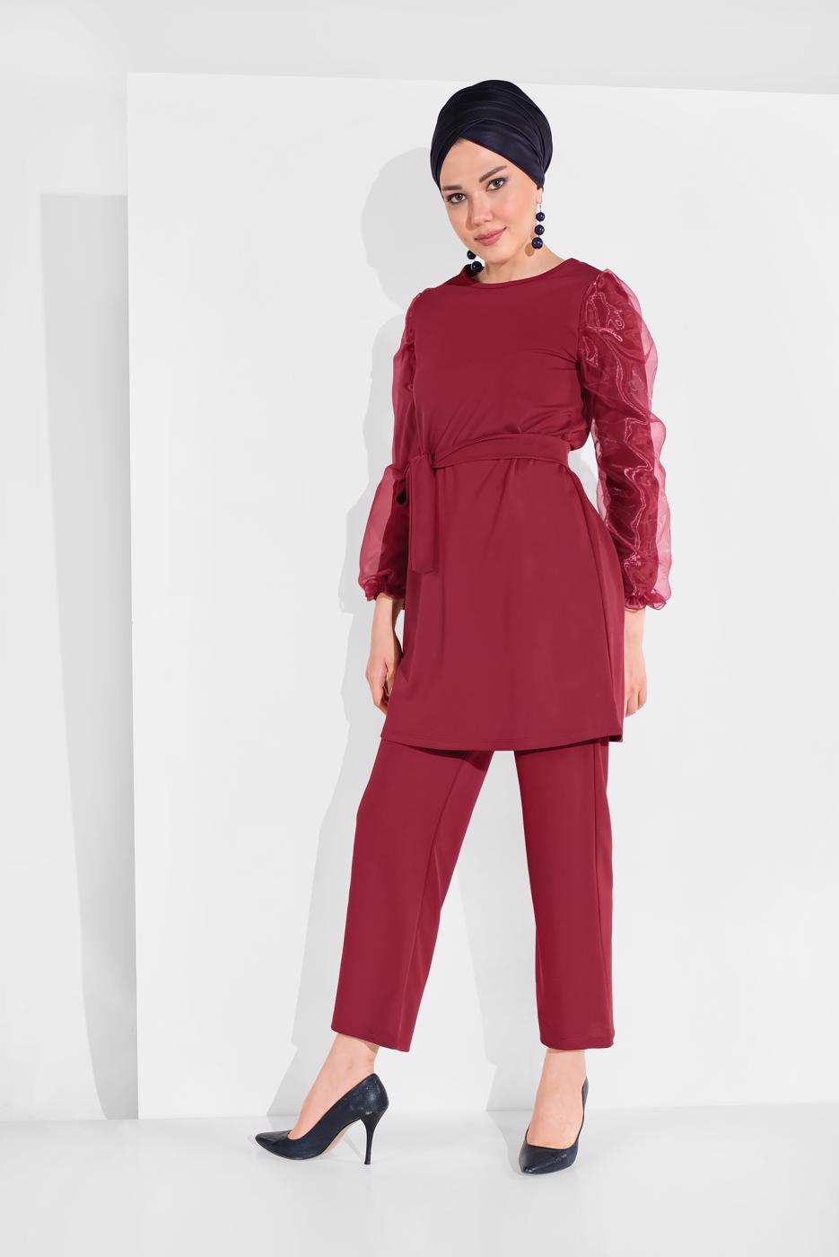Tesettür giyim BORDO KOLLARI TÜLLÜ PANTOLONLU TAKIM 8306
