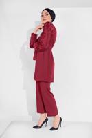 Tesettür giyim BORDO KOLLARI TÜLLÜ PANTOLONLU TAKIM 8306