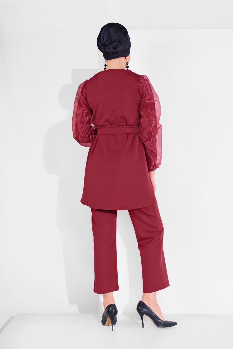 Tesettür giyim BORDO KOLLARI TÜLLÜ PANTOLONLU TAKIM 8306