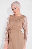 Tesettür giyim KAHVE KOLLARI TÜLLÜ PANTOLONLU TAKIM 8306
