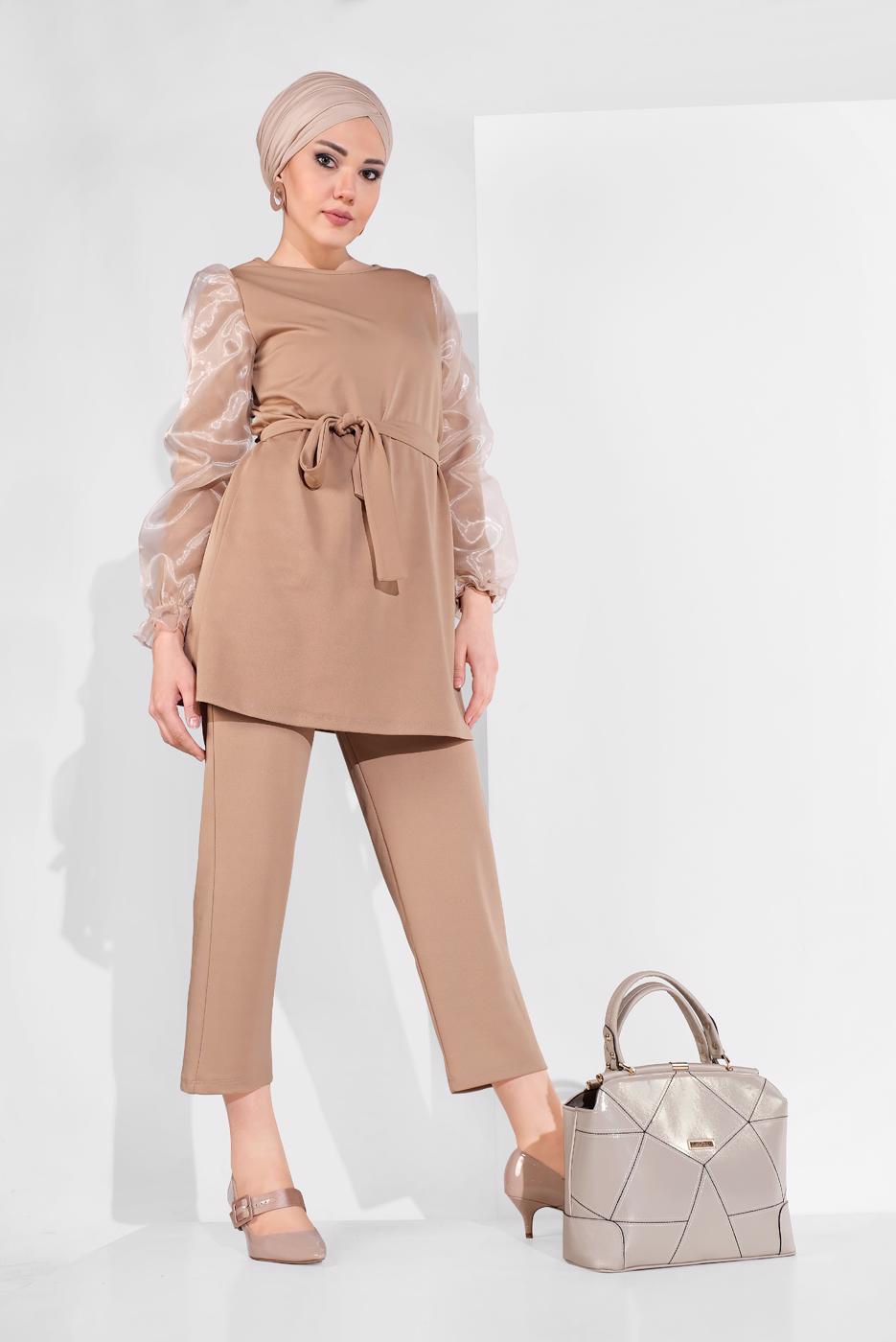 Tesettür giyim KAHVE KOLLARI TÜLLÜ PANTOLONLU TAKIM 8306