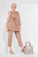 Tesettür giyim KAHVE KOLLARI TÜLLÜ PANTOLONLU TAKIM 8306