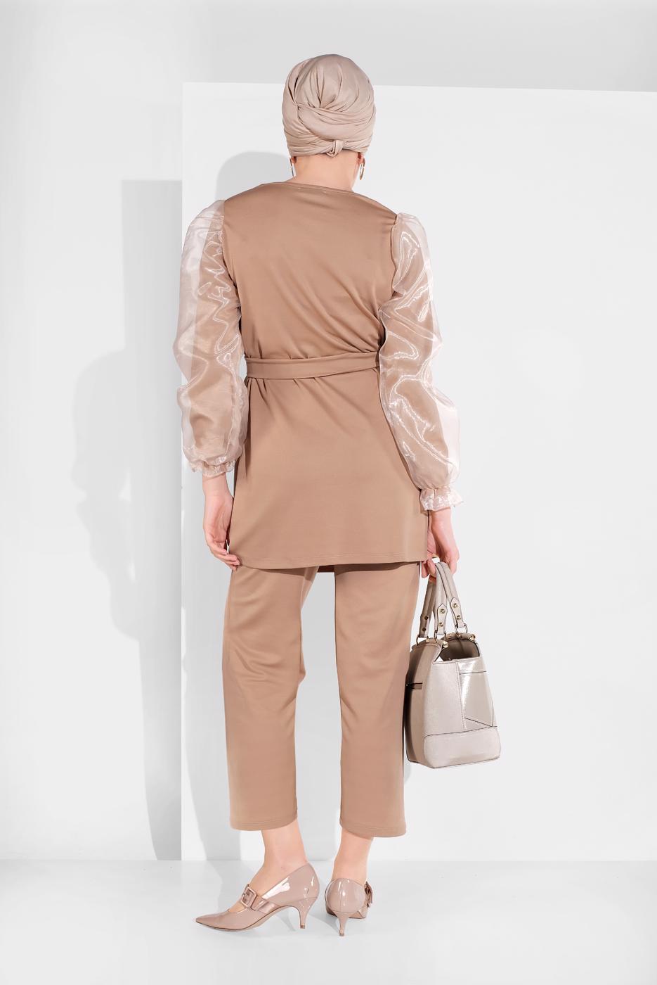 Tesettür giyim KAHVE KOLLARI TÜLLÜ PANTOLONLU TAKIM 8306