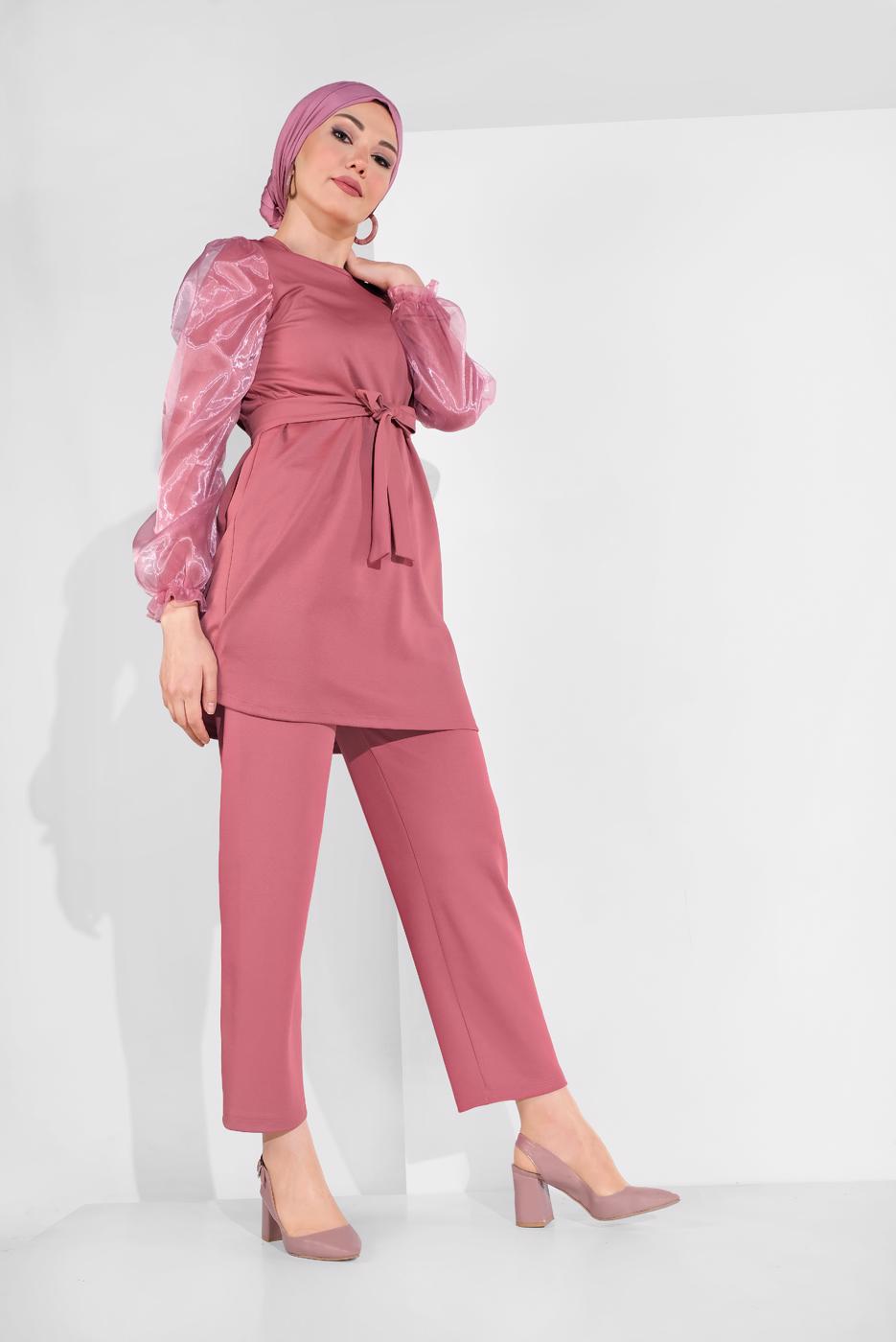 Tesettür giyim PEMBE KOLLARI TÜLLÜ PANTOLONLU TAKIM 8306