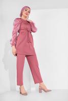 Tesettür giyim PEMBE KOLLARI TÜLLÜ PANTOLONLU TAKIM 8306