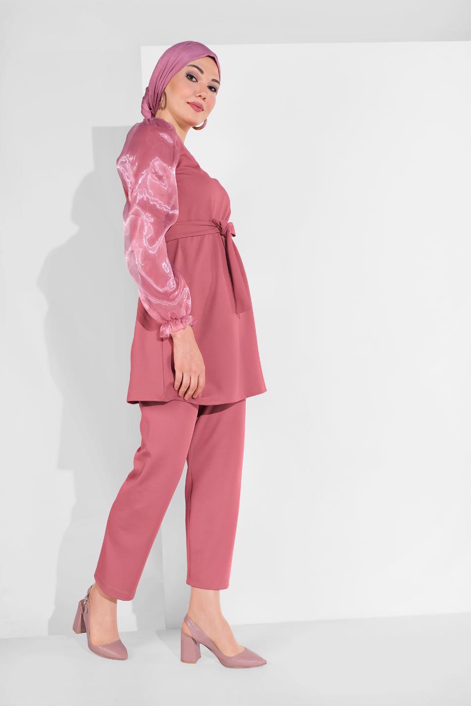 Tesettür giyim PEMBE KOLLARI TÜLLÜ PANTOLONLU TAKIM 8306