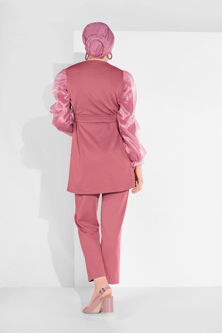 Tesettür giyim PEMBE KOLLARI TÜLLÜ PANTOLONLU TAKIM 8306