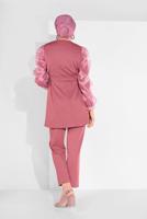 Tesettür giyim PEMBE KOLLARI TÜLLÜ PANTOLONLU TAKIM 8306