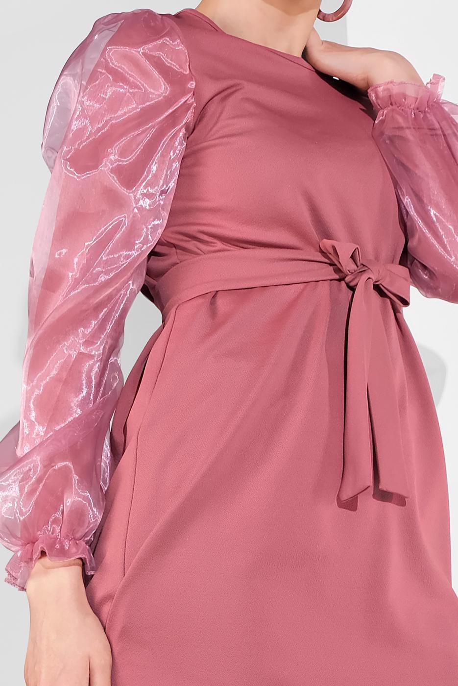 Tesettür giyim PEMBE KOLLARI TÜLLÜ PANTOLONLU TAKIM 8306