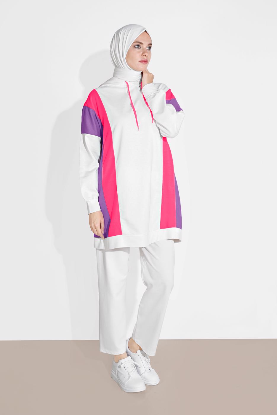 Tesettür giyim KREM İKİ RENK KAPÜŞONLU EŞOFMAN TAKIM 8606