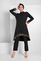 Tesettür giyim SİYAH PUL PAYET DETAYLI İKİLİ PANTOLONLU TAKIM 9255