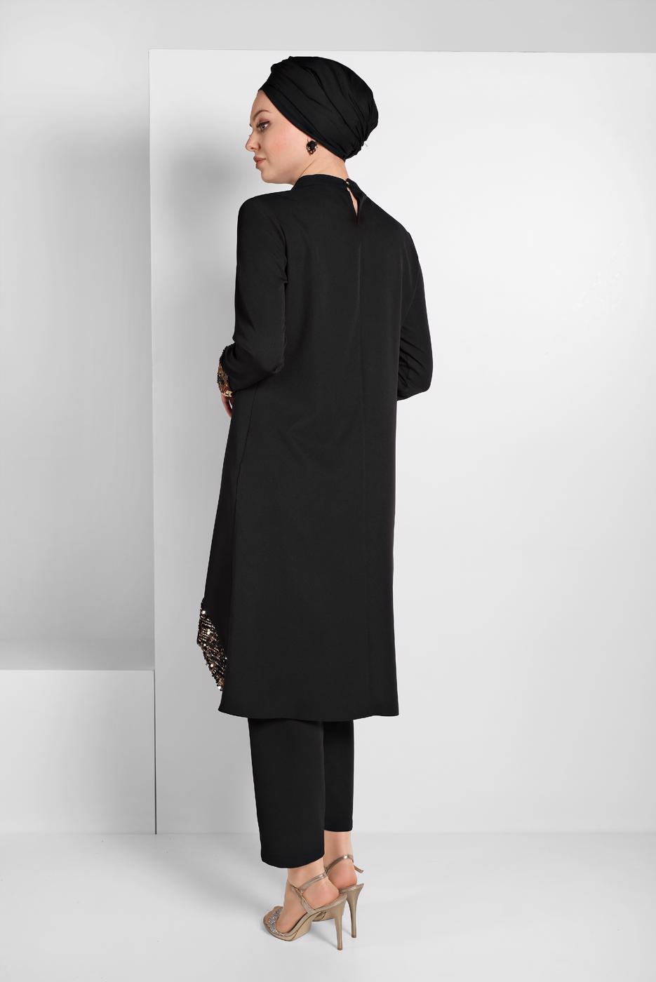 Tesettür giyim SİYAH PUL PAYET DETAYLI İKİLİ PANTOLONLU TAKIM 9255