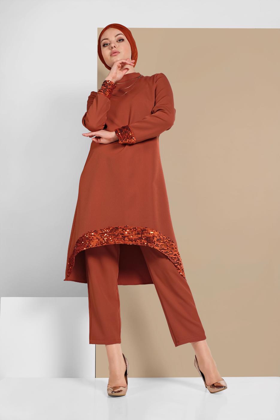 Tesettür giyim KAHVE PUL PAYET DETAYLI İKİLİ PANTOLONLU TAKIM 9255