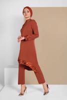 Tesettür giyim KAHVE PUL PAYET DETAYLI İKİLİ PANTOLONLU TAKIM 9255