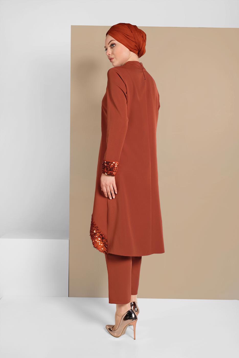 Tesettür giyim KAHVE PUL PAYET DETAYLI İKİLİ PANTOLONLU TAKIM 9255