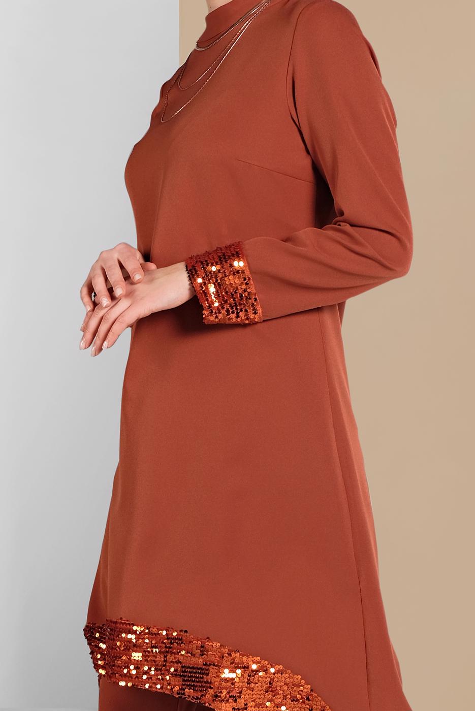 Tesettür giyim KAHVE PUL PAYET DETAYLI İKİLİ PANTOLONLU TAKIM 9255