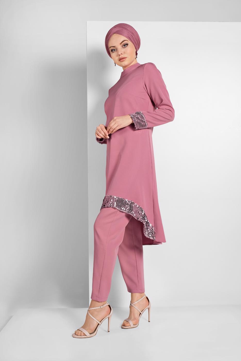 Tesettür giyim PUDRA PUL PAYET DETAYLI İKİLİ PANTOLONLU TAKIM 9255