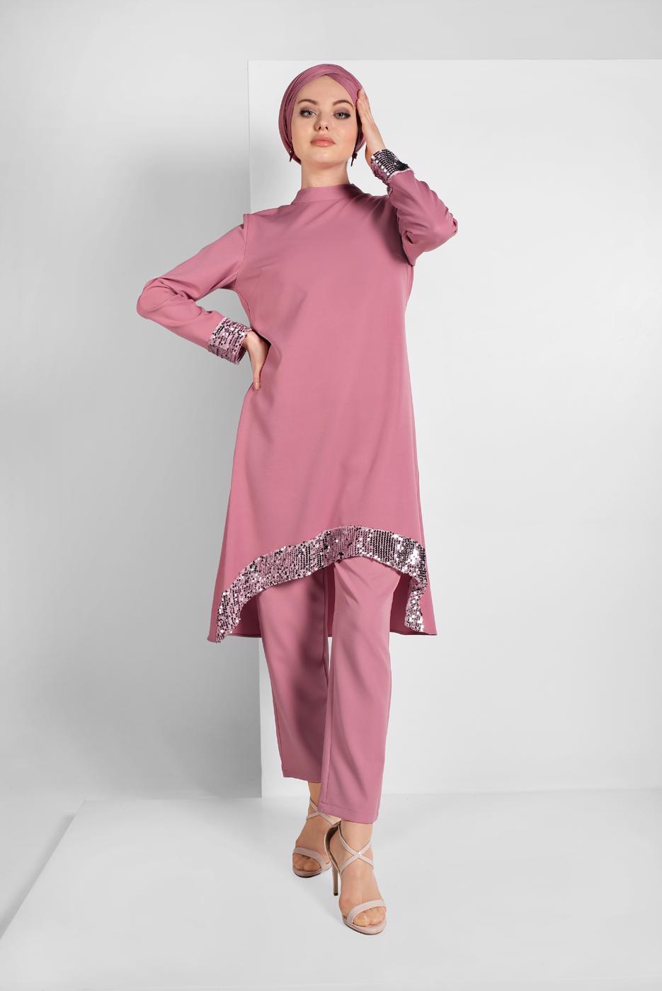 Tesettür giyim PUDRA PUL PAYET DETAYLI İKİLİ PANTOLONLU TAKIM 9255